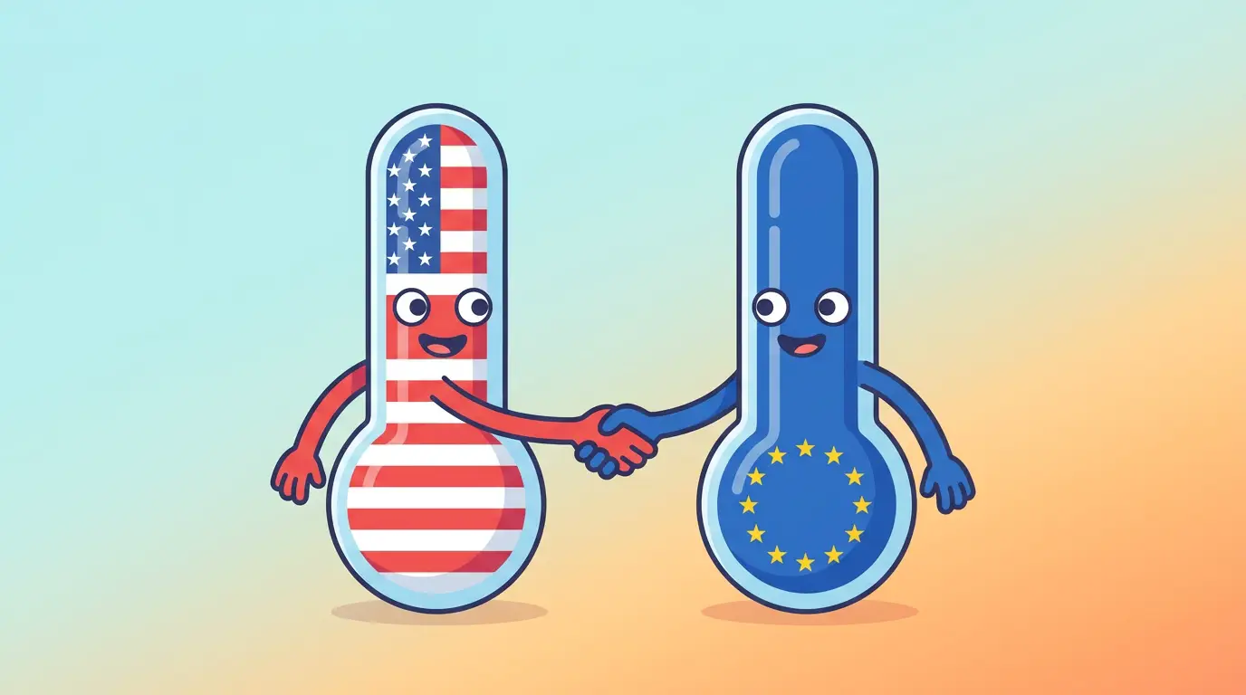 Cartoon thermometers in American and European colors shaking hands
