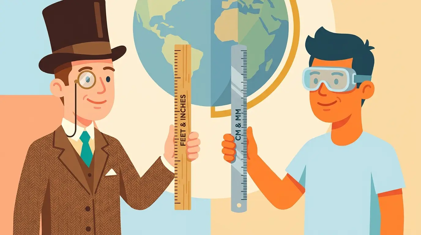 Vintage character with imperial ruler facing modern character with metric stick over a globe