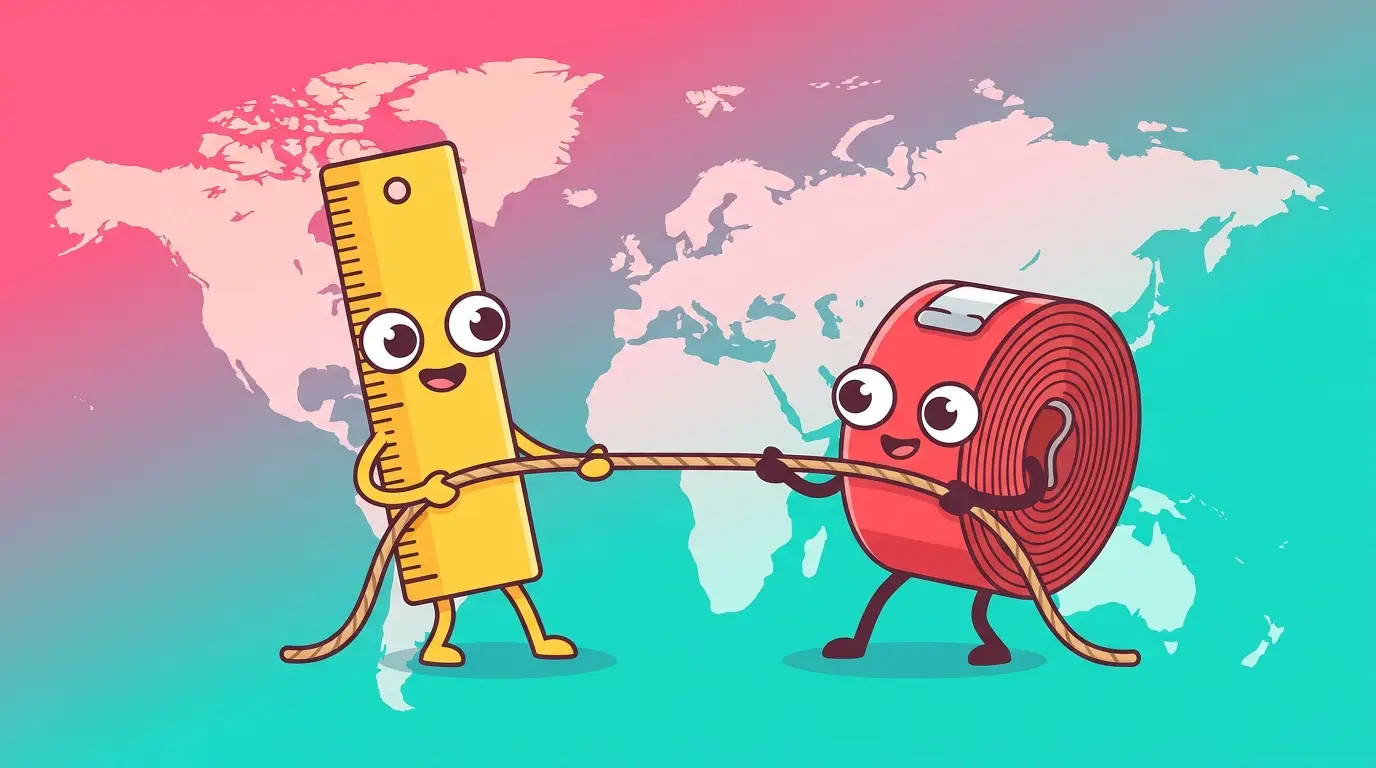 Cartoon ruler and measuring tape characters in a friendly tug-of-war