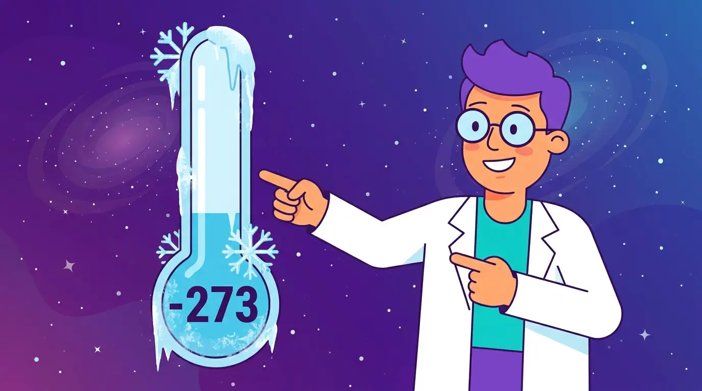 Cartoon scientist pointing at a frosty thermometer showing -273 degrees in space