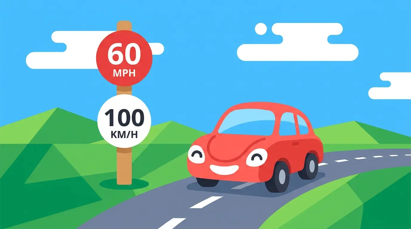 Road sign showing 60 MPH above 100 KM/H with a cartoon car driving past