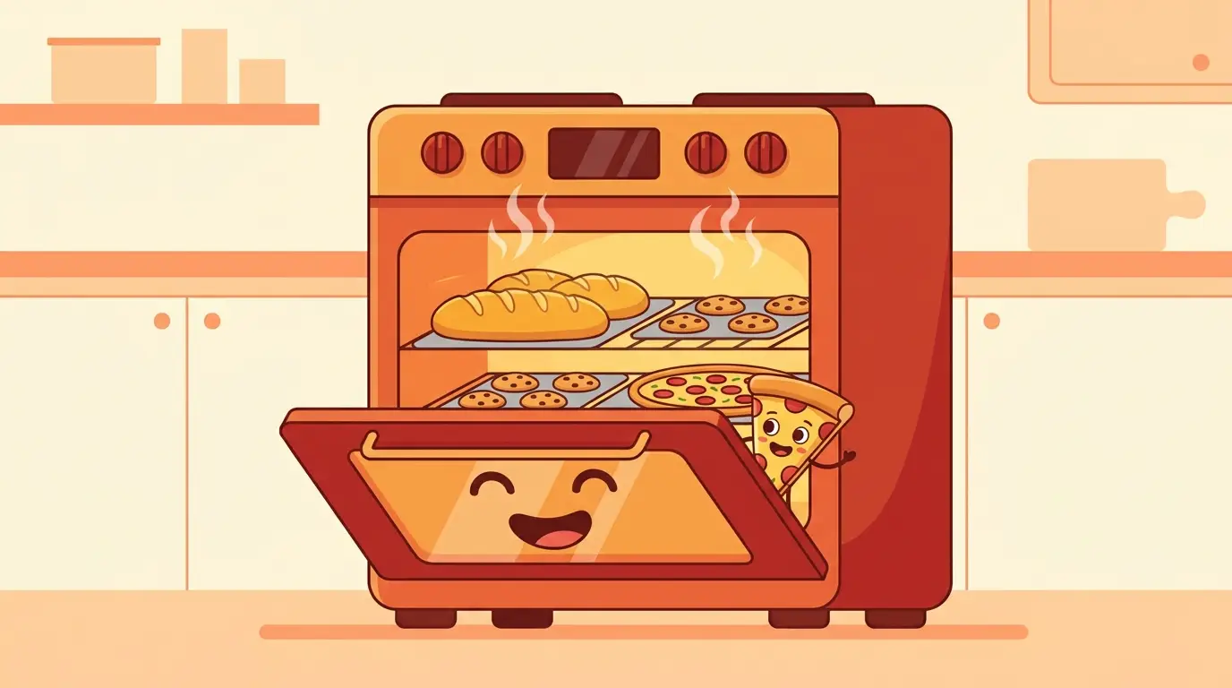 Happy cartoon oven with bread, cookies, and pizza baking inside