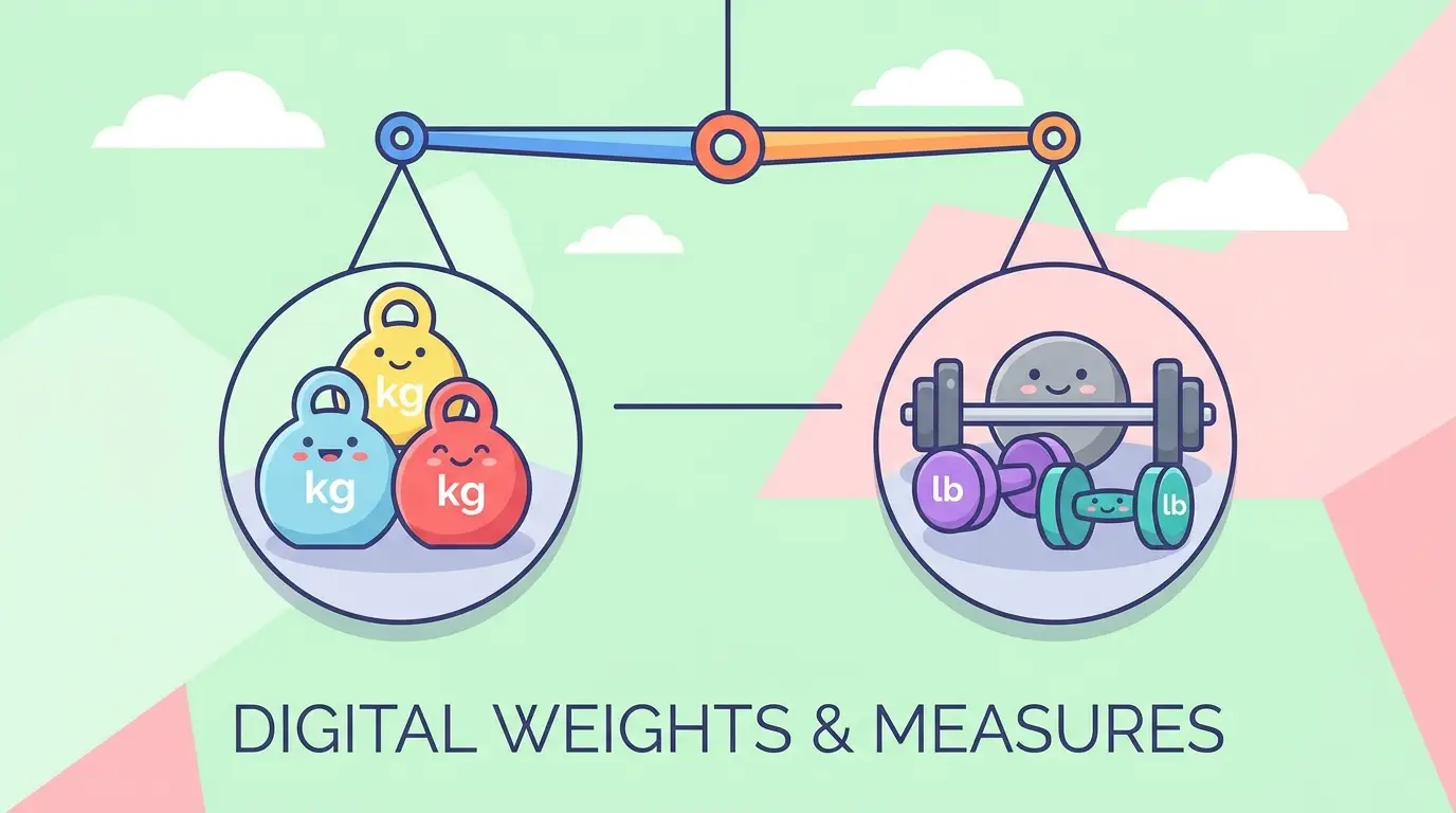 Balance scale showing kilogram weights balanced against pound dumbbells