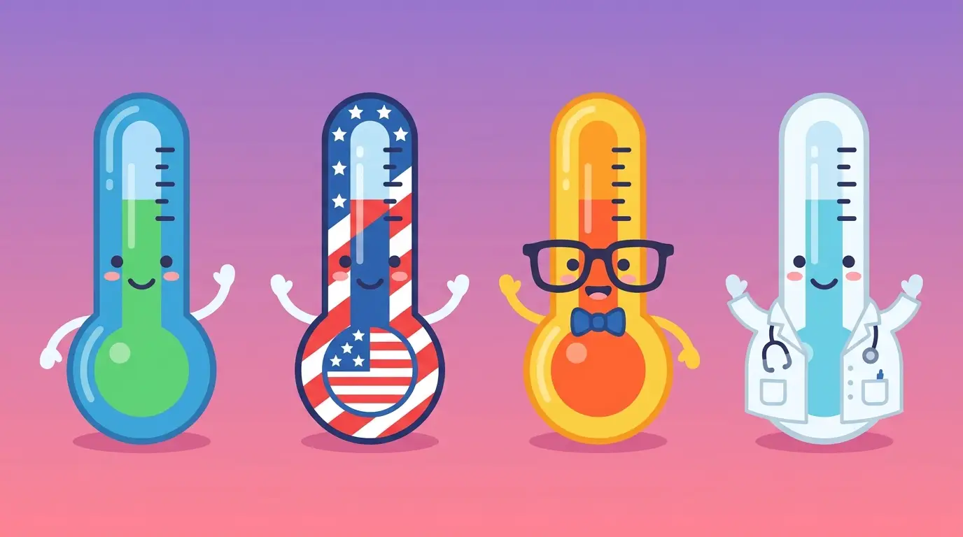 Four cartoon thermometer characters lined up as a class photo representing Celsius, Fahrenheit, Kelvin, and Rankine
